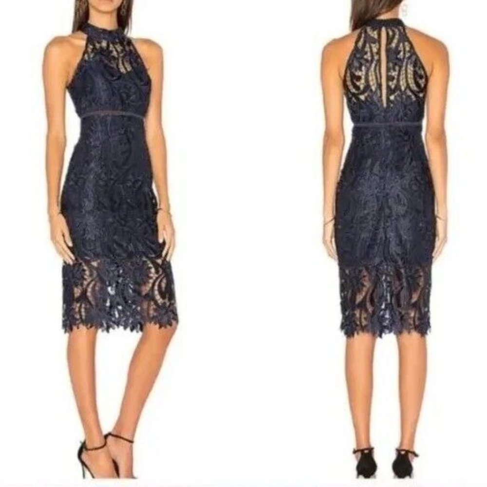 Bardot Womens US8 Isla Navy Blue Mock Neck Lace Sleeveless Cocktail Dress